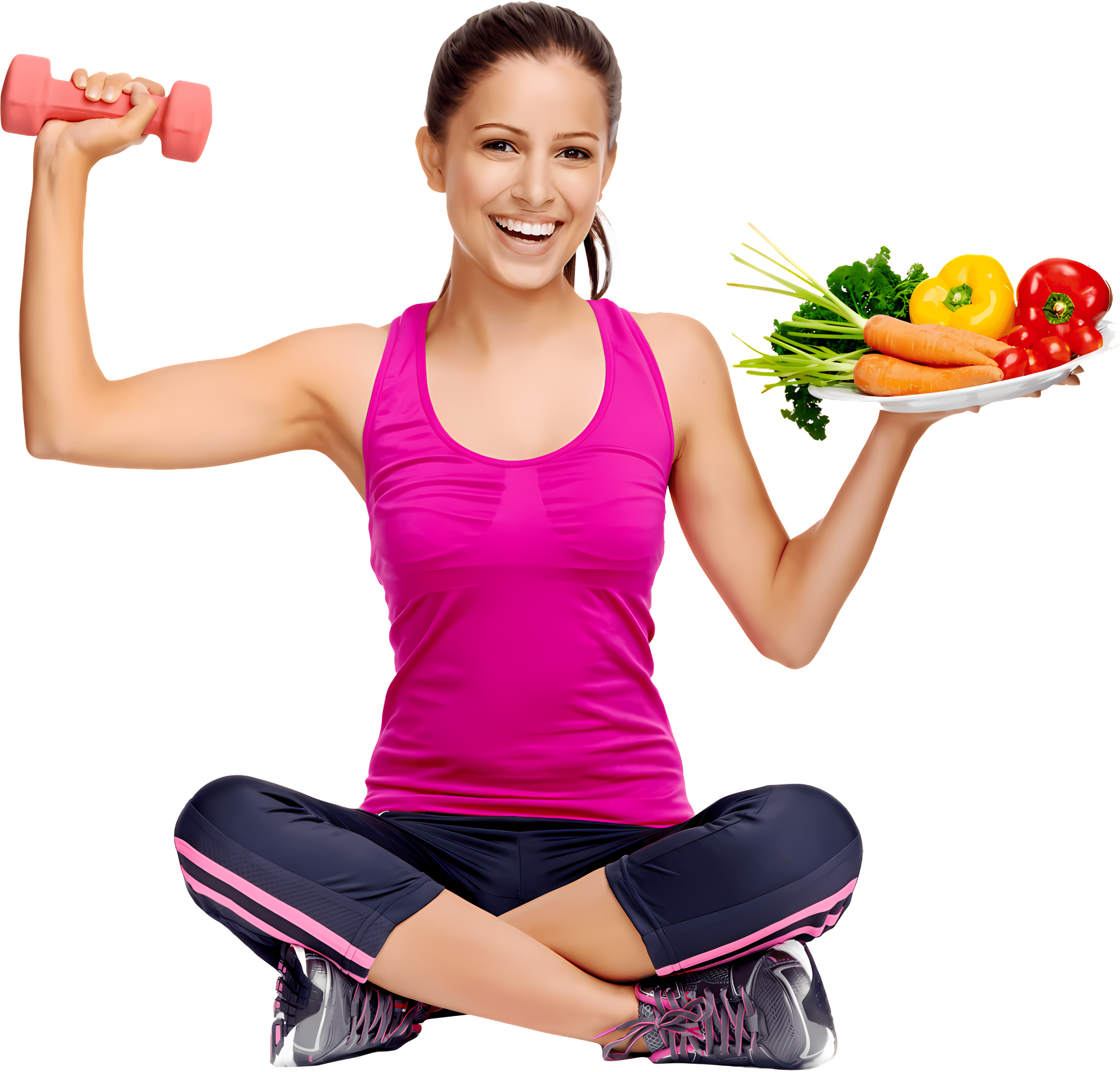 imagen png de una chica con plato con verduras en una mano y una pesa en la otra mano