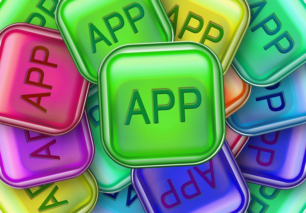 una imagen colorida con cuadrados donde pone la palabra app que es la abreviatura de aplicación